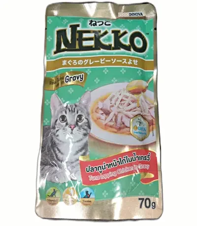 Nekko Pouch Cat Food Real Tuna Topping Chicken In Gravy The Benefits of Nekko Pouch Cat Food Real Tuna Topping Chicken In Gravy: High-Quality Protein: Real tuna and tender chicken provide high-quality protein, essential for muscle development and overall feline health. Irresistible Flavor: The marriage of tuna and chicken creates a taste that cats find truly satisfying, making mealtime a delightful experience. Omega-3 Fatty Acids: Tuna is rich in omega-3 fatty acids, promoting a glossy coat, healthy skin, and supporting joint health in cats. Balanced Nutrition: Nekko Pouch cat food is formulated with essential vitamins, minerals, and nutrients, ensuring your cat enjoys a complete and nourishing meal. No Artificial Additives: These recipes are free from artificial preservatives, colors, or flavors, providing a natural and wholesome meal for your pet.