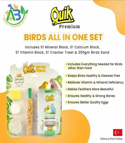 Quik Menu Set is a package designed to meet all the needs of Cage Birds. PACKAGE CONTENTS: 1 PCS QUIK BIRD 1 PCS QUIK BIRD CRACKS 1 PCS QUIK MINERAL BLOCK 1 PC QUIK PORTUGAL ENERGY BLOCK. 1 PC GAGA STONE There are 5 pieces quik's brand products.